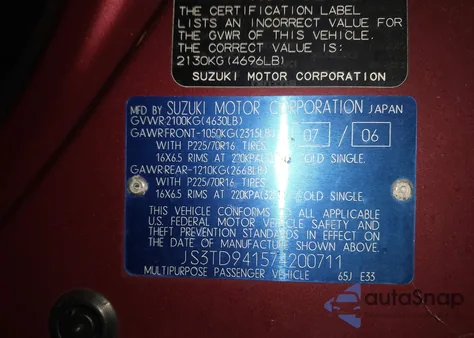 2007 Suzuki Grand Vitara z USA, uszkodzony, nr VIN JS3TD941574200711